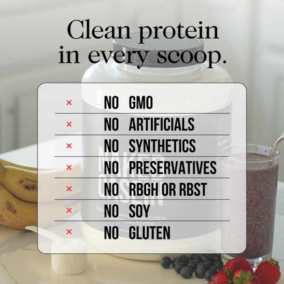 Protein powder container with health benefits listed and a smoothie with berries in the background.