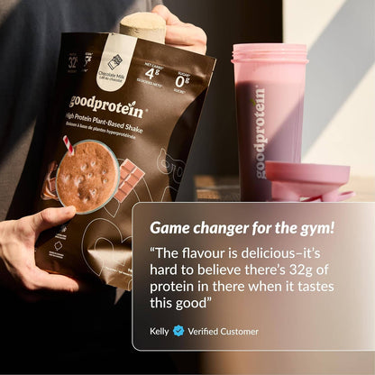 Goodprotein shake package held by a person with a testimonial quote on a gray background