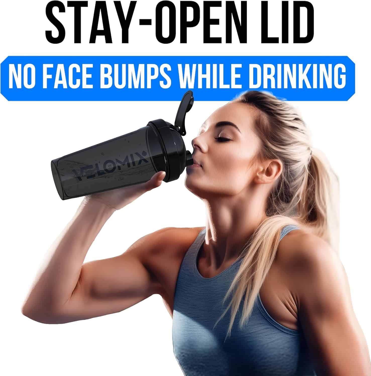 Woman drinking from a black shaker bottle with text 'Stay-open lid, no face bumps while drinking' above her.