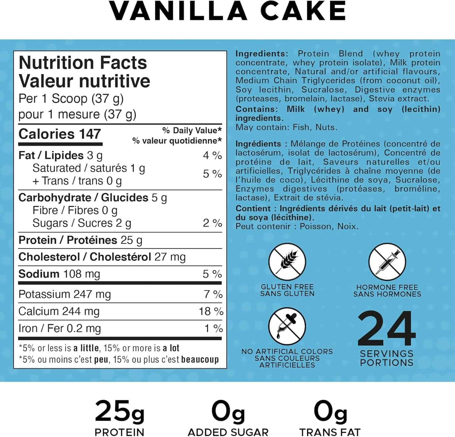 Nutrition label for vanilla cake with protein content and allergen information.