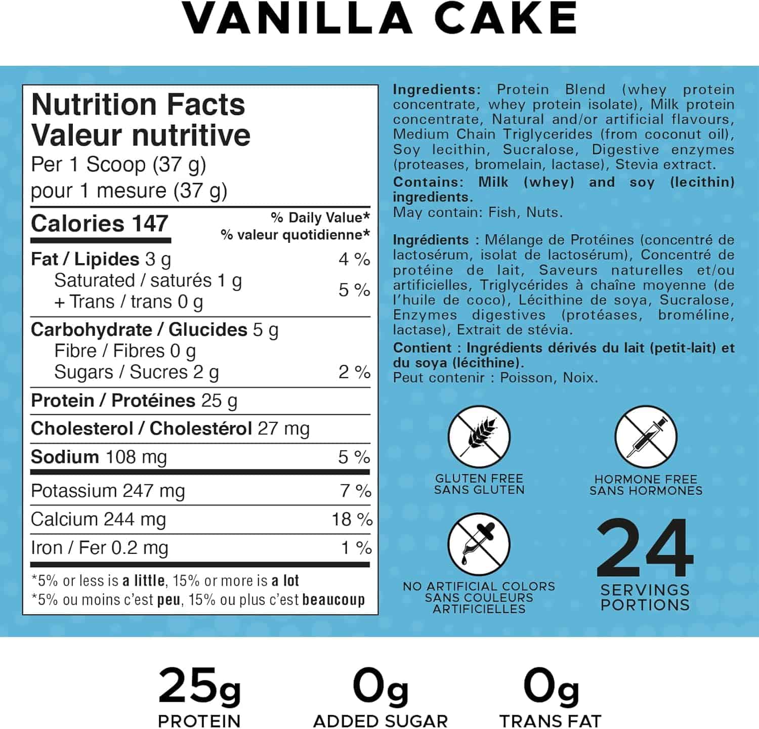 Nutrition label for vanilla cake with protein content and allergen information.