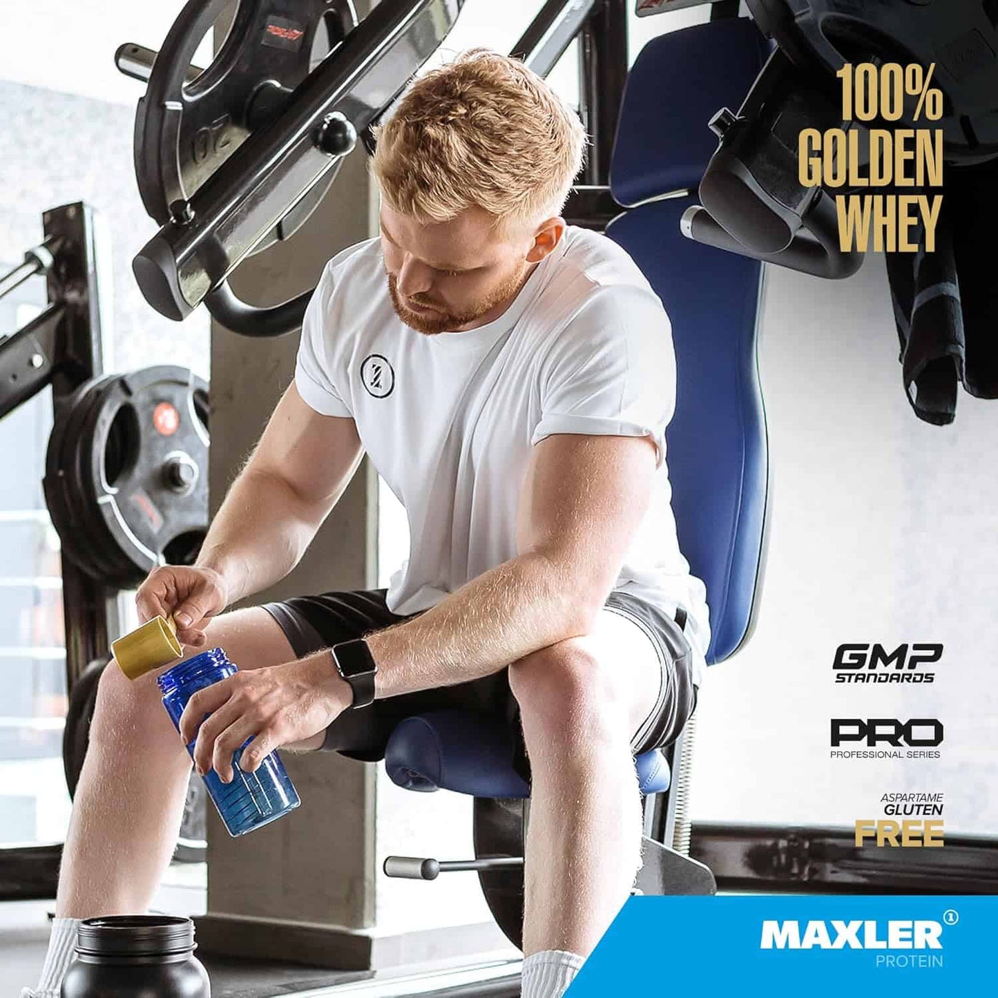 Man in a gym setting with fitness equipment and 'Maxler' branding.