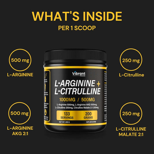 Vibrant L-Arginine + L-Citrulline supplement container with nutritional information on a black background