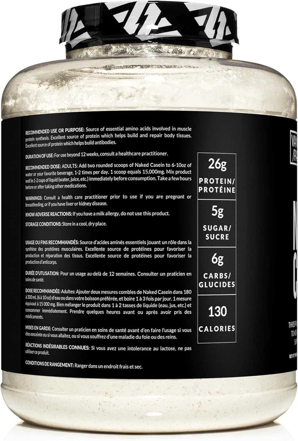 Supplement container with nutritional information label on a white background