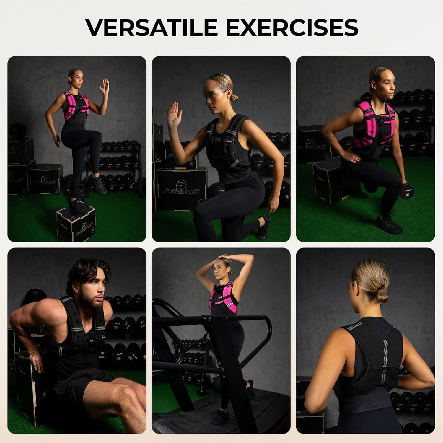 Collage of people performing various exercises with text 'Versatile Exercises' above.