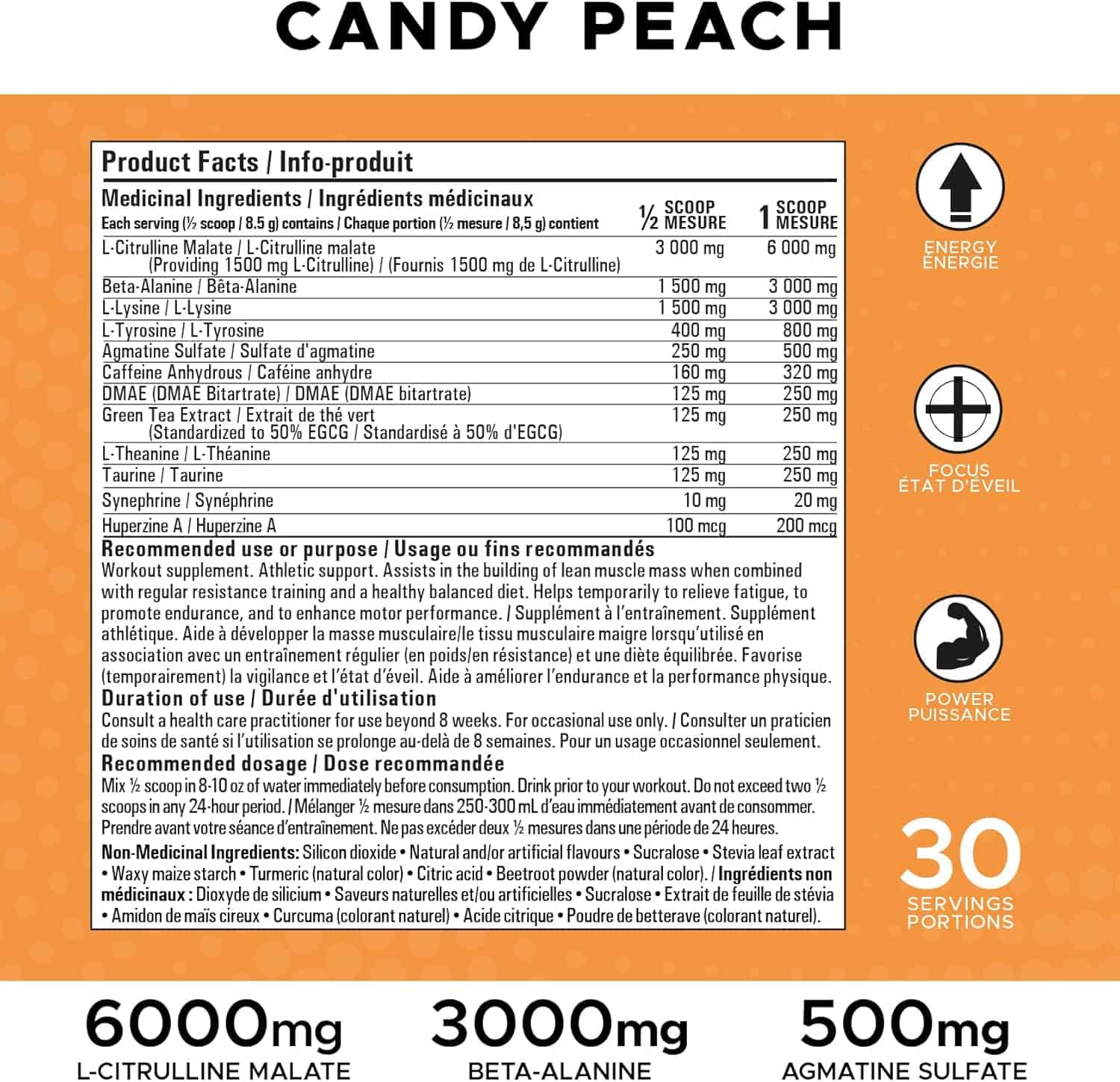 Nutritional label for a supplement with ingredients and dosages on an orange background