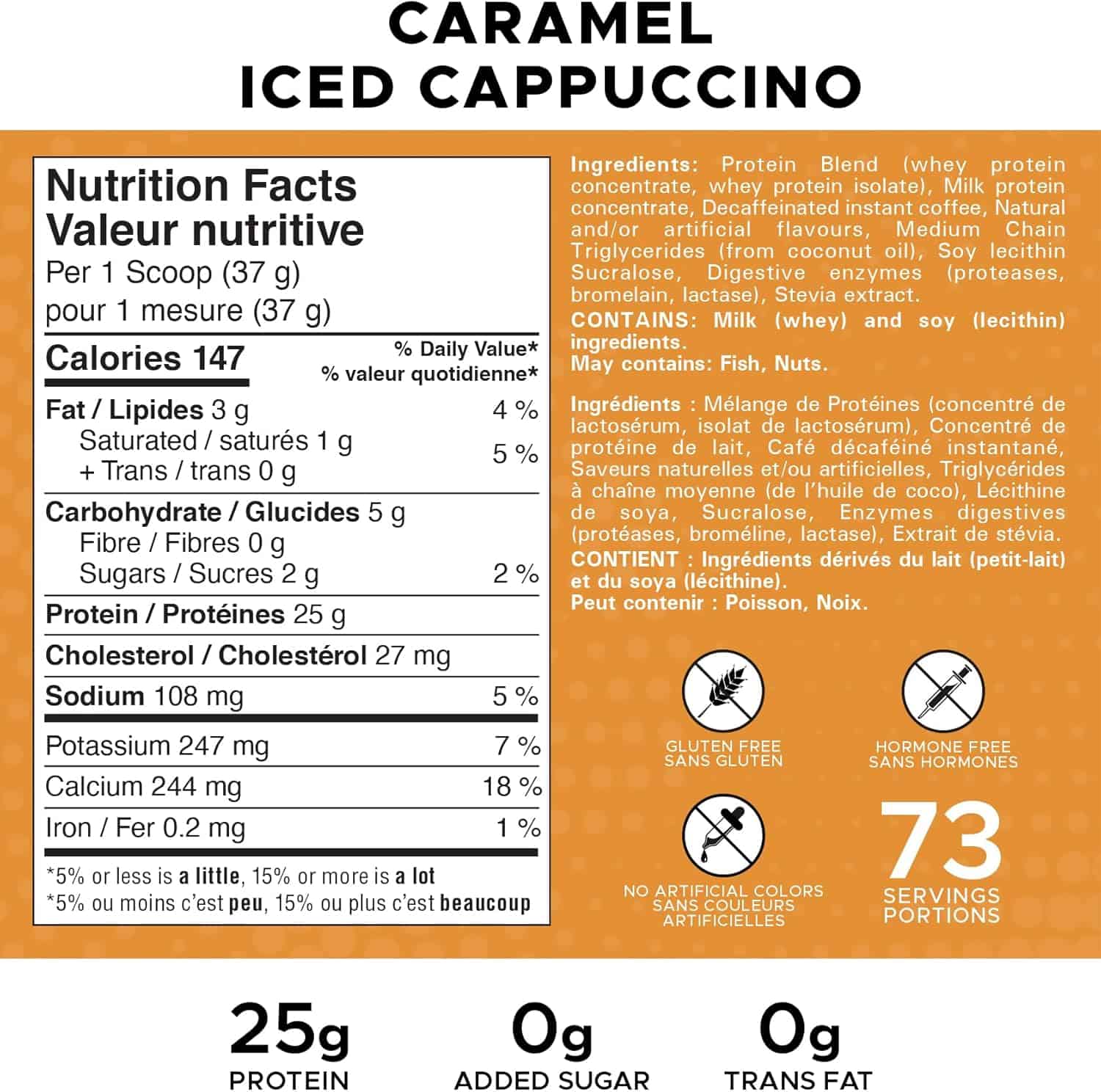 Nutrition label for caramel iced cappuccino with ingredients list on an orange background