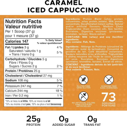Nutrition label for caramel iced cappuccino with ingredients list on an orange background
