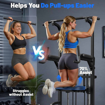 Woman using a pull-up with text indicating it helps do pull-ups easier.