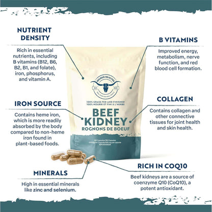 Higher Healths Grass Fed Beef Kidney Capsules – 3000mg per Serving | Freeze-Dried Organ Meat Supplement | Immune, DAO & Kidney Health Support | 180 Capsules | 100% Canadian Sourced FitCore Supply