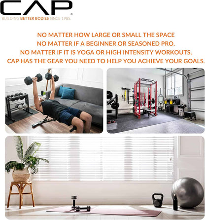 Advertisement for CAP fitness equipment with text and images of a person exercising and a home gym setup.