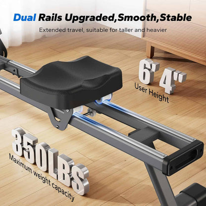 Rowing machine with dual rails, user height measurement, and maximum weight capacity on a wooden floor.