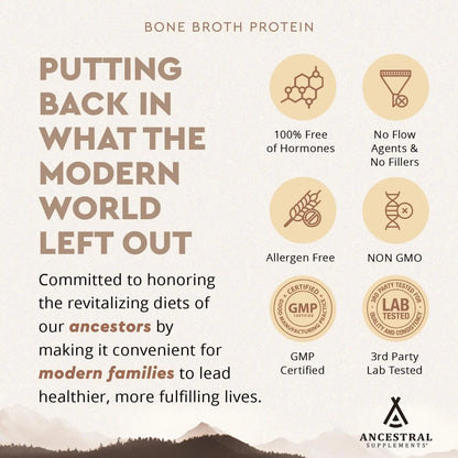 Ancestral Grass-Fed Bone Broth Protein Powder – Chocolate – 20g Protein with Beef Organs & Mushrooms – Gut & Immune Support