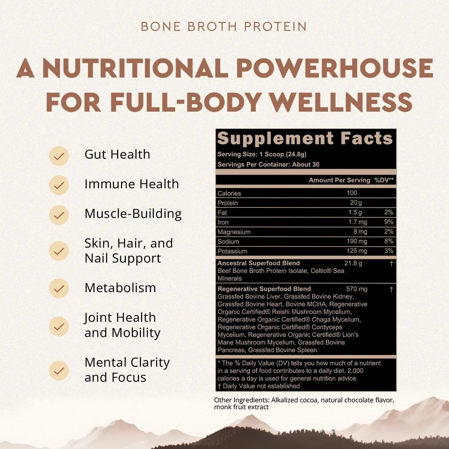 Ancestral Grass-Fed Bone Broth Protein Powder – Chocolate – 20g Protein with Beef Organs & Mushrooms – Gut & Immune Support