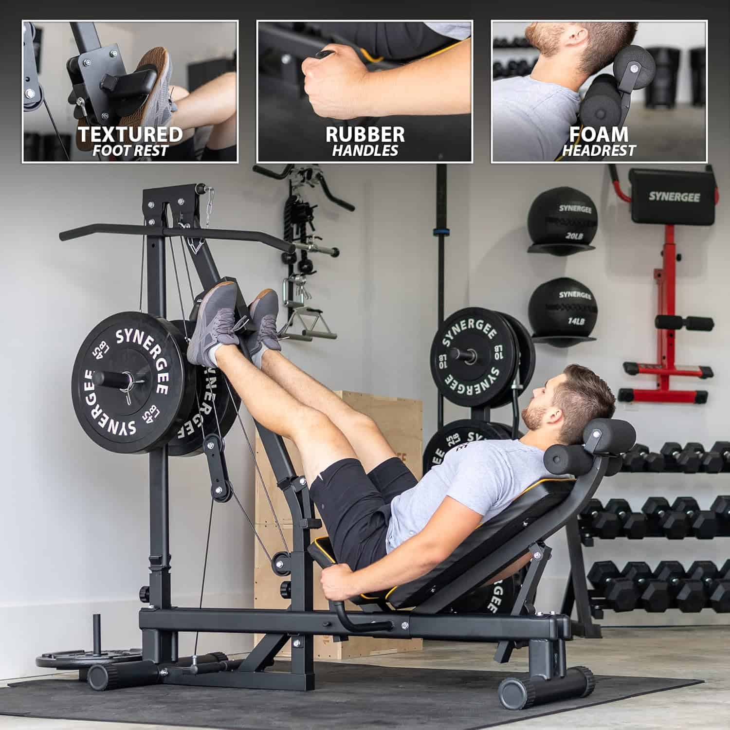 Synergee Leg Press Machine with Lat Pull Down – Full Body Home Gym Equipment for Glutes, Quads, Hamstrings – 400 lb Weight Capacity – Compatible with 1" & 2" Plates Synergee