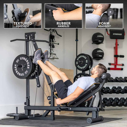 Synergee Leg Press Machine with Lat Pull Down – Full Body Home Gym Equipment for Glutes, Quads, Hamstrings – 400 lb Weight Capacity – Compatible with 1" & 2" Plates Synergee