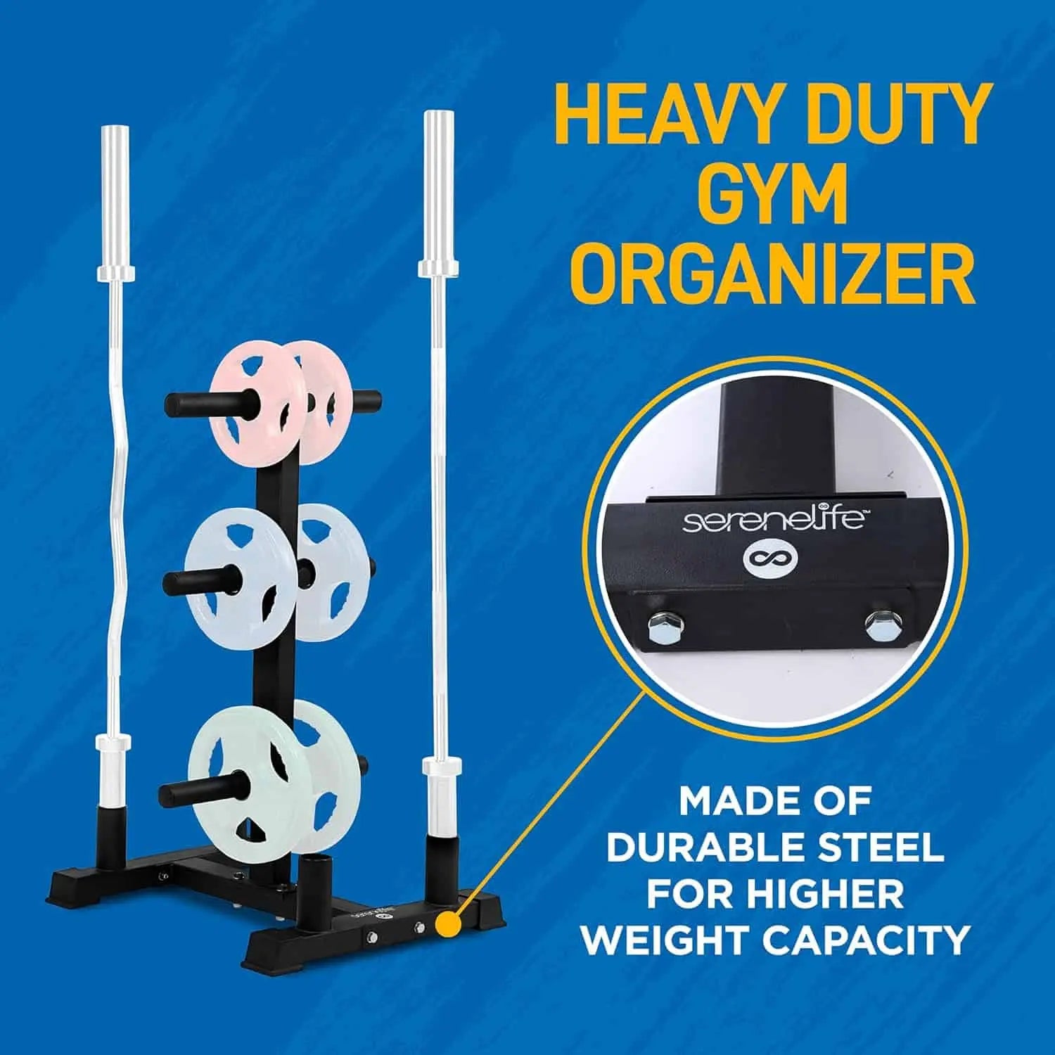 SereneLife Olympic Weight Plate Rack – 2-in-1 Barbell & Plate Holder (800 lb Capacity) SereneLife