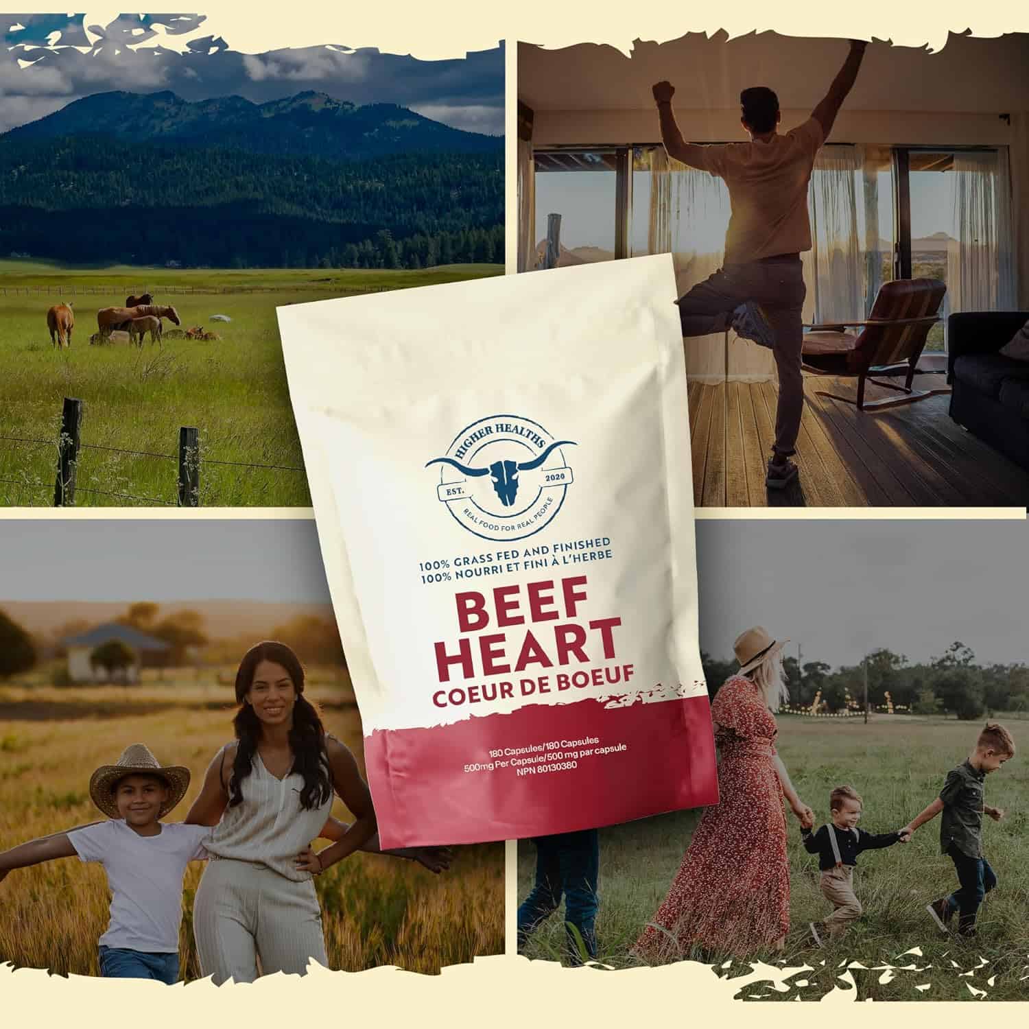 Higher Healths Grass-Fed Beef Heart Supplement – 3000mg Freeze-Dried – CoQ10-Rich Antioxidant – 180 Capsules – Made in Canada