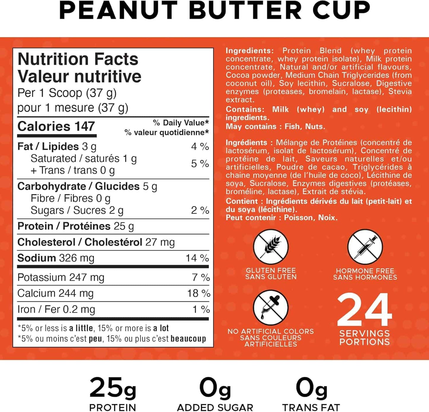 Nutrition label for a peanut butter cup with ingredients and health benefits on an orange background.