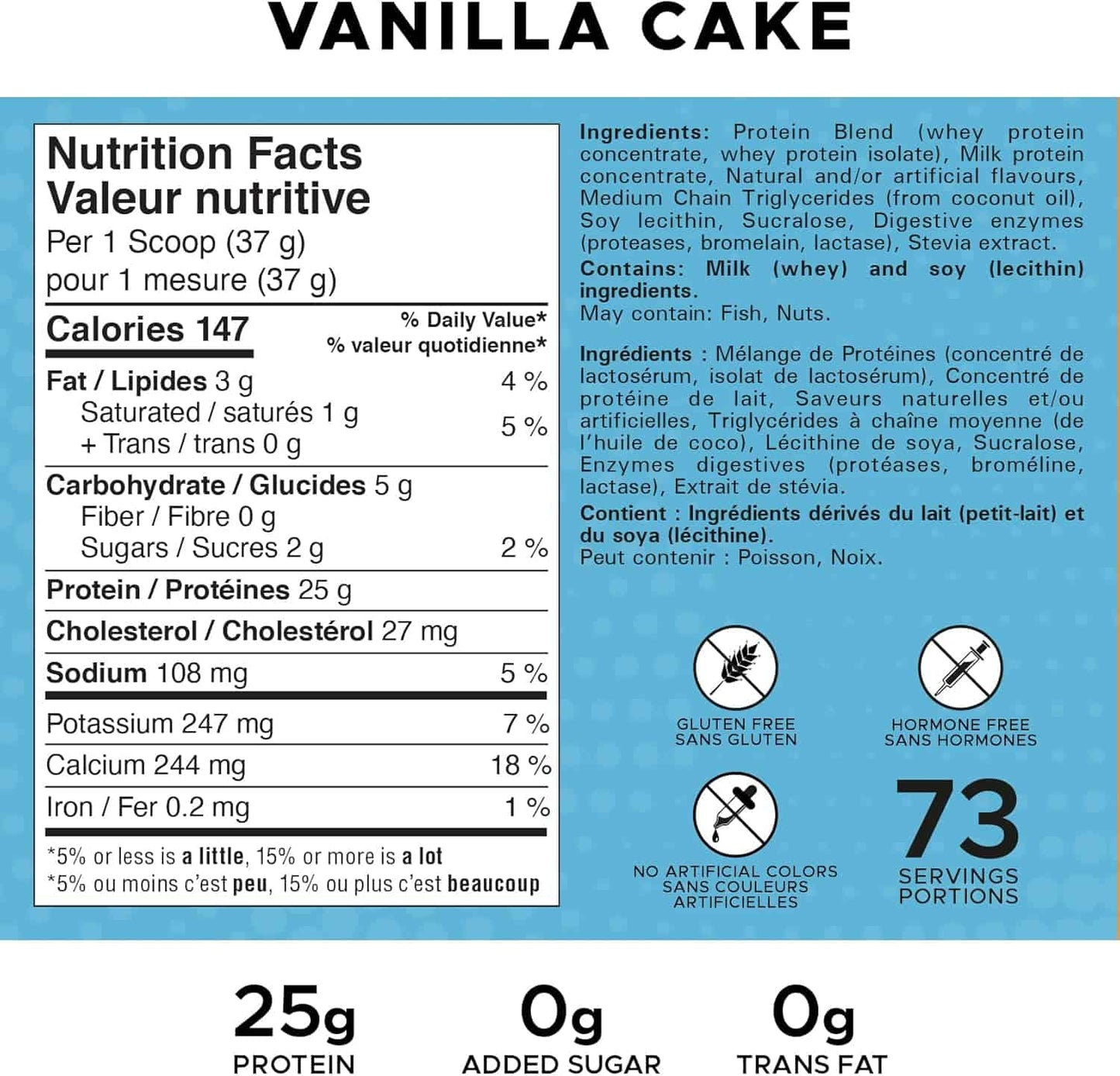 Nutrition label for vanilla cake with protein content and health benefits.