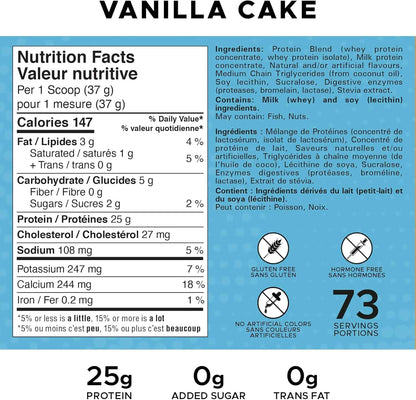 Nutrition label for vanilla cake with protein content and health benefits.