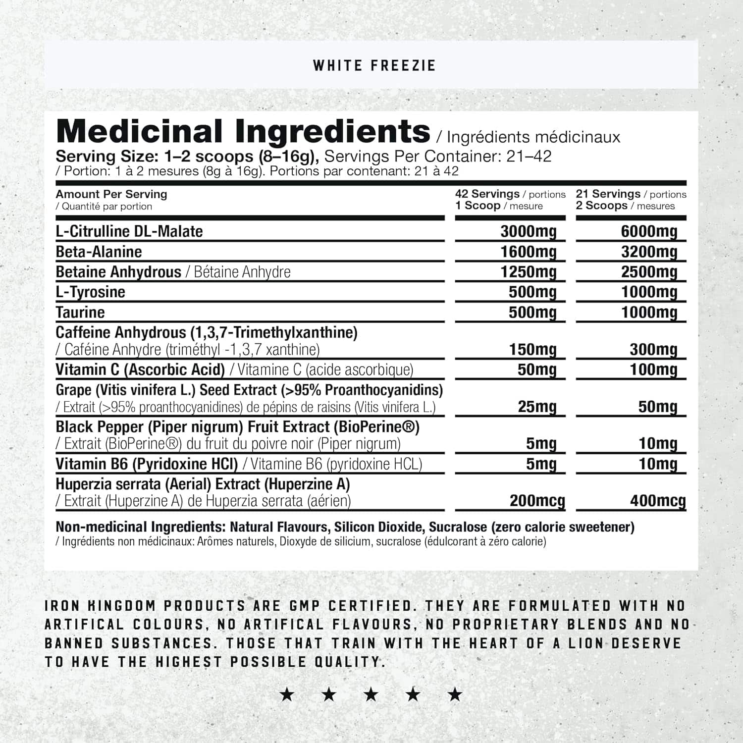 Nutritional label for a product with medicinal ingredients on a light gray background