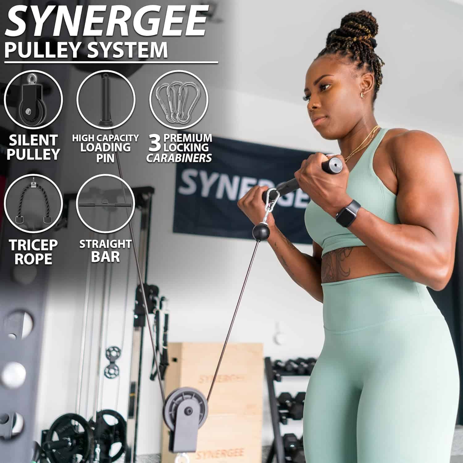 Synergee Cable Pulley System for Home Gym – 60” Cable, Tricep Rope & Straight Bar – 300 lbs Capacity for Upper Body Strength Training Synergee