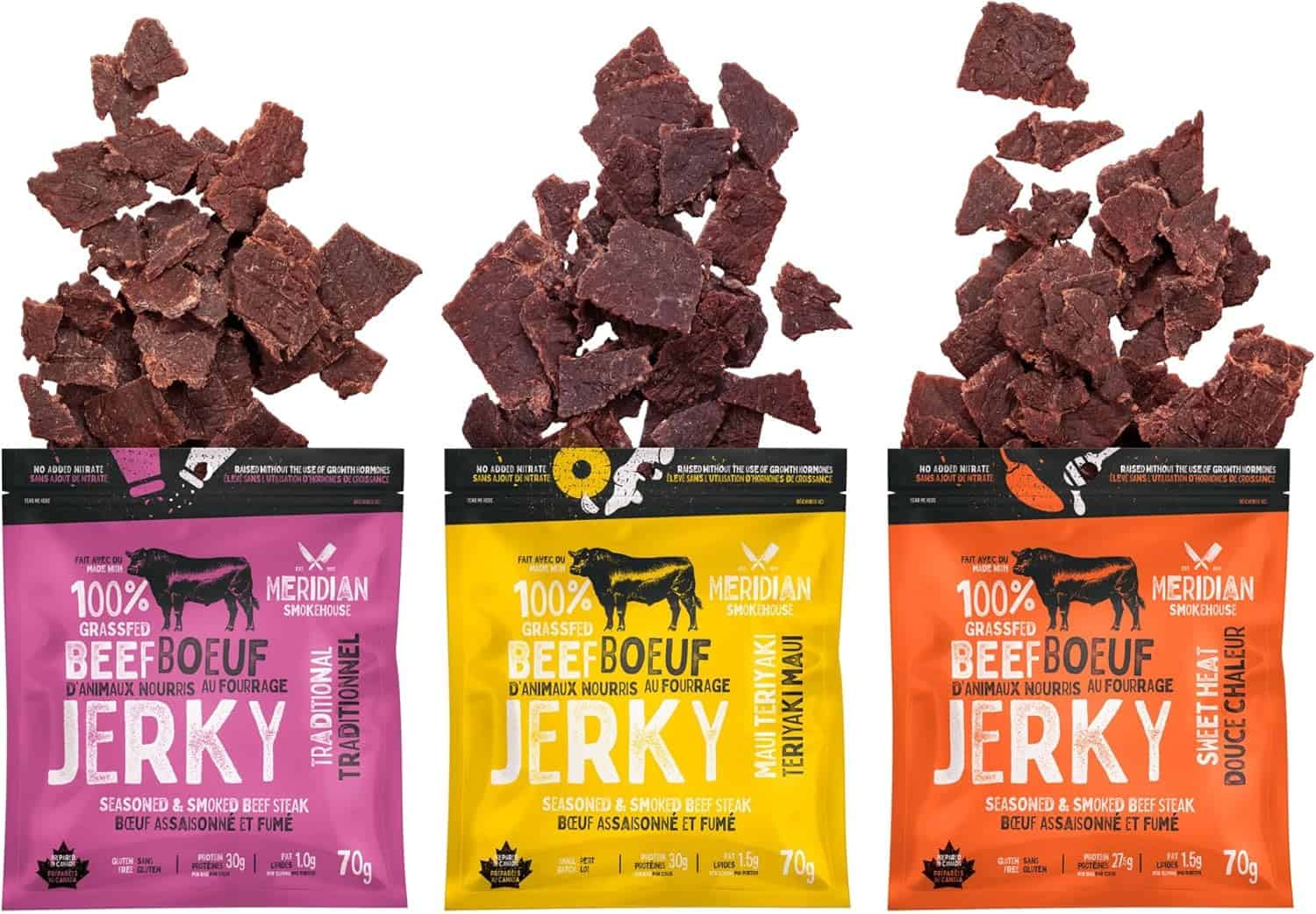 Meridian Smokehouse Grass-Fed Beef Jerky – Variety Pack of 6, Made in Canada – 3 Flavours: Sweet Heat, Maui Teriyaki & Traditional – High Protein, Gluten-Free Snack Meridian Smokehouse