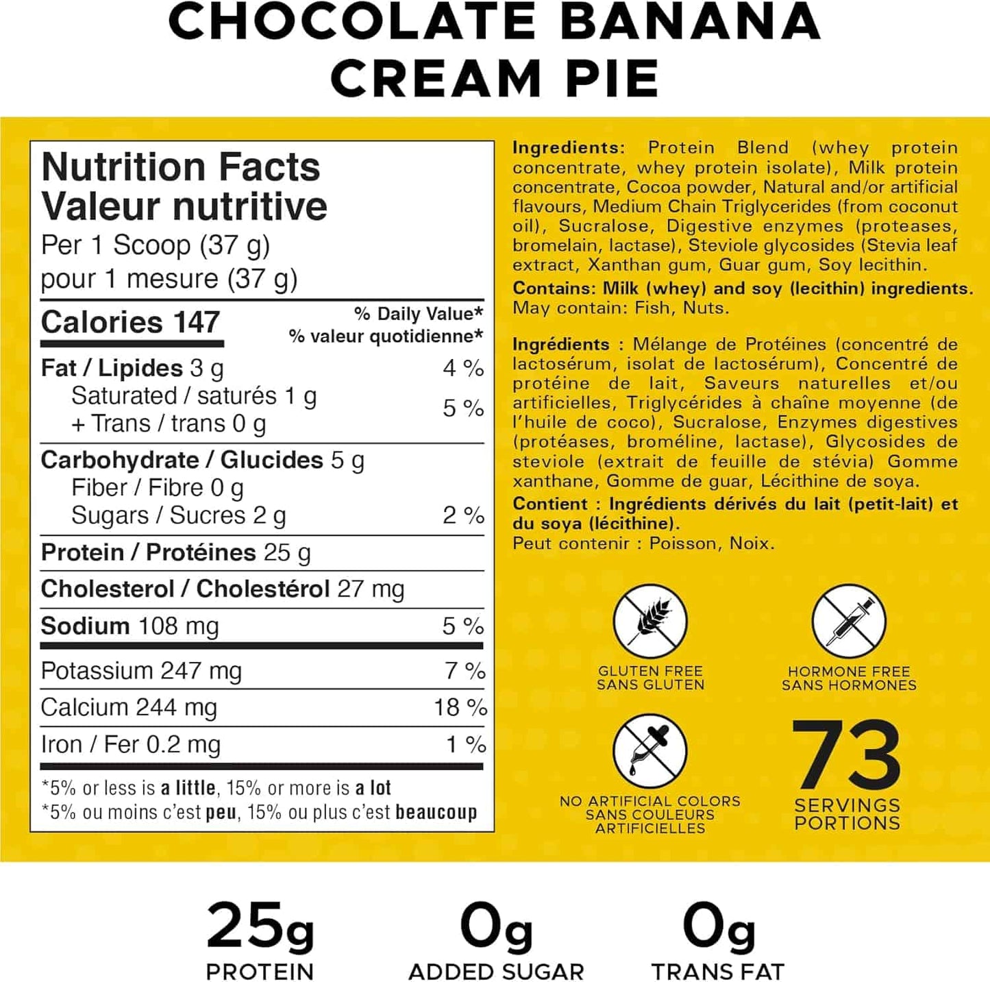 Nutrition facts label for a chocolate banana cream pie protein product on a yellow background.
