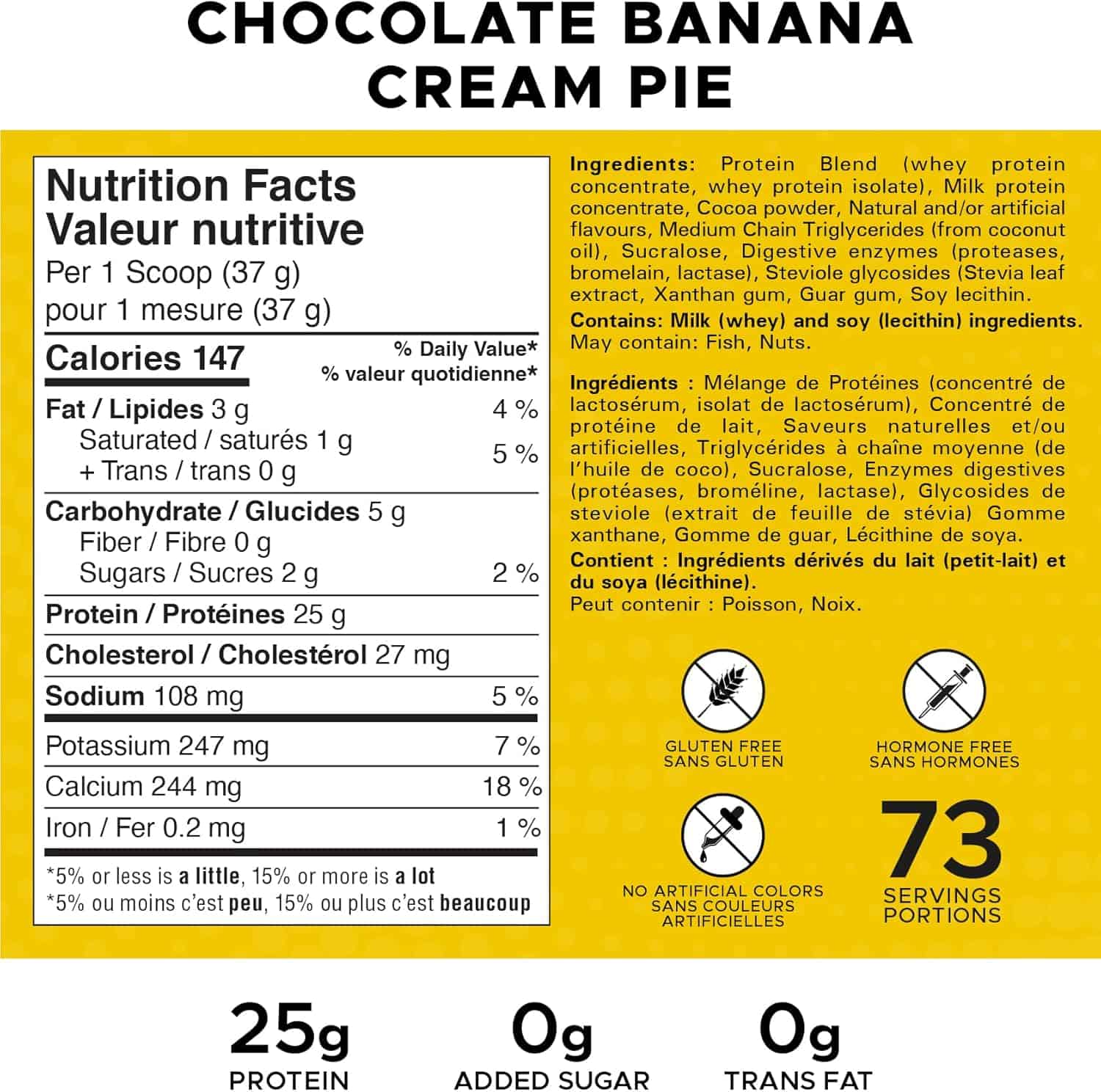 Nutrition facts label for a chocolate banana cream pie protein product on a yellow background.