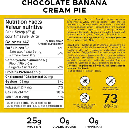 Nutrition facts label for a chocolate banana cream pie protein product on a yellow background.