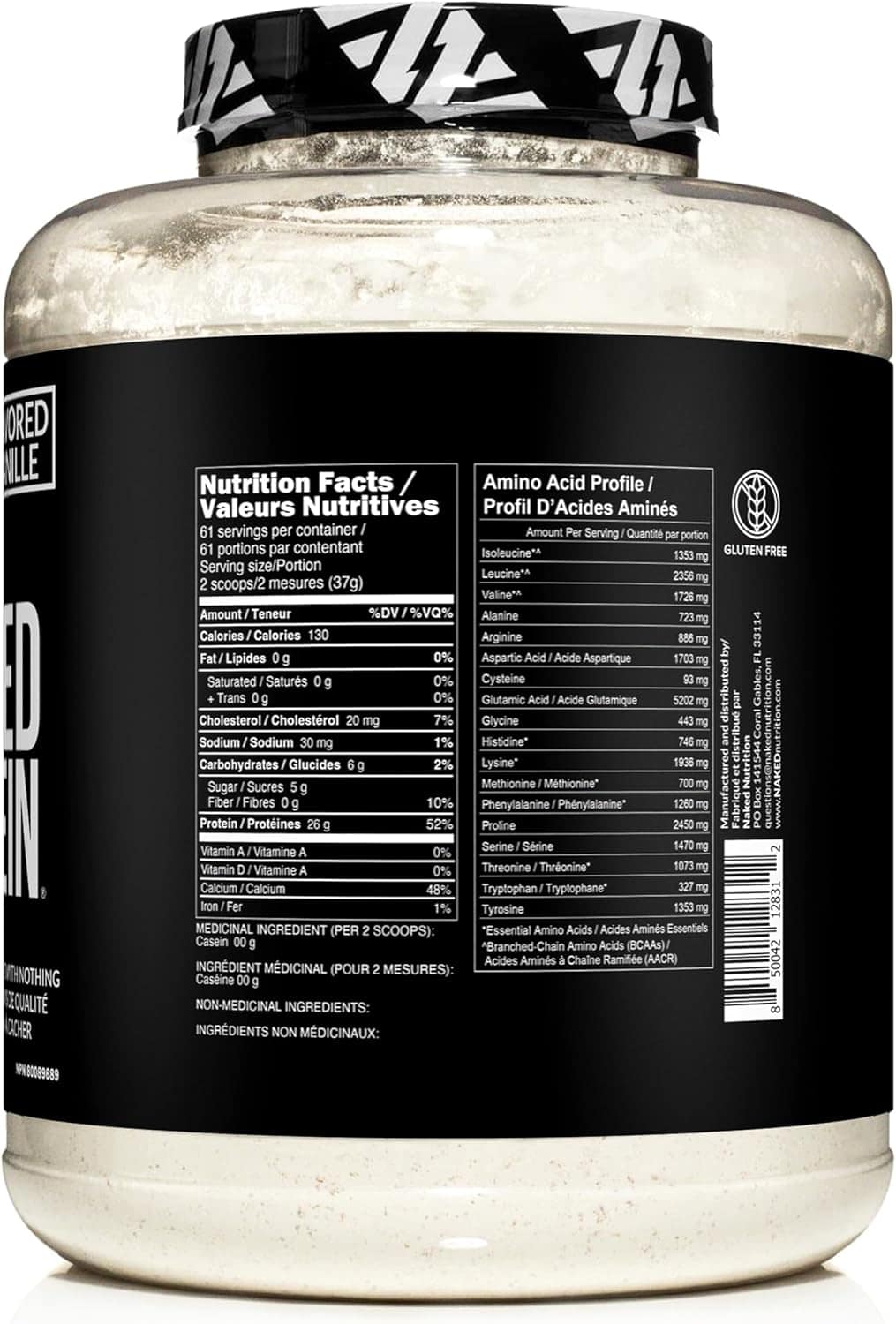 Supplement container with a black label showing nutritional information.