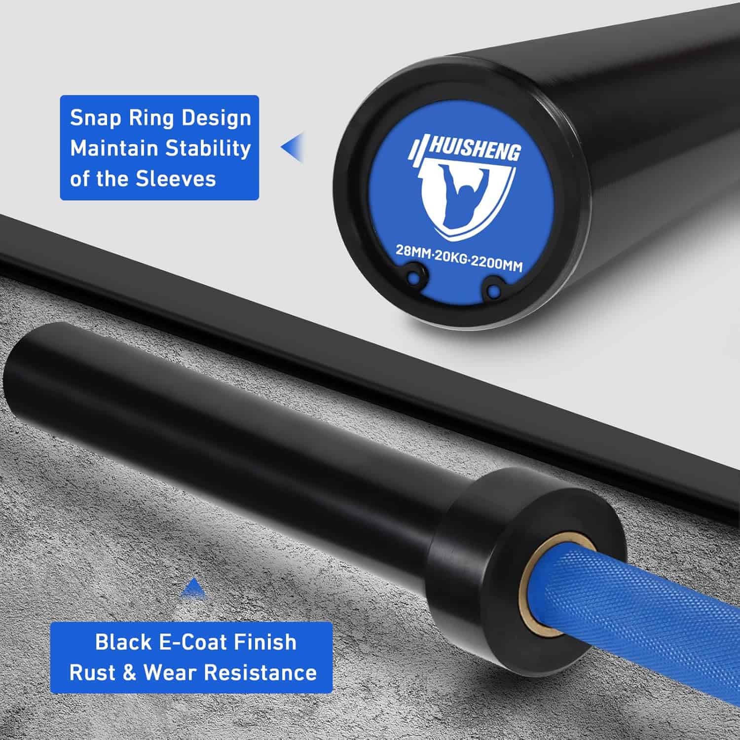 Black metal sleeves with blue interior, featuring Huisheng branding and text about snap ring design and black E-coat finish.