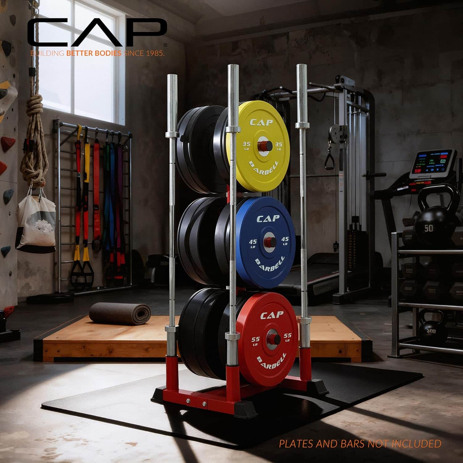 Gym setting with weight rack and CAP branded weights