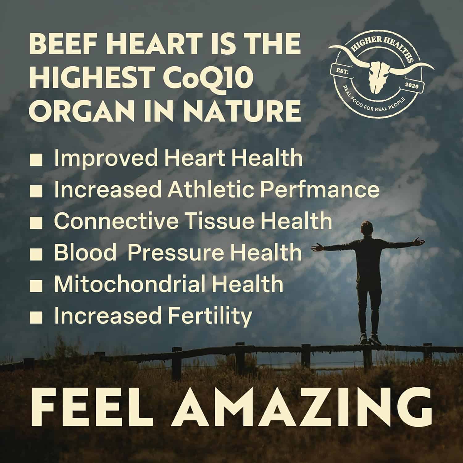 Higher Healths Grass-Fed Beef Heart Supplement – 3000mg Freeze-Dried – CoQ10-Rich Antioxidant – 180 Capsules – Made in Canada