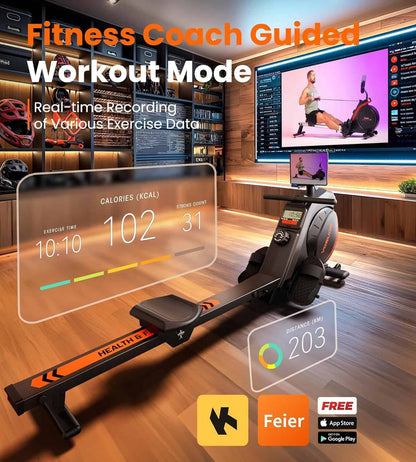 Rowing machine with digital display in a home gym setting, featuring fitness coach guided workout mode.