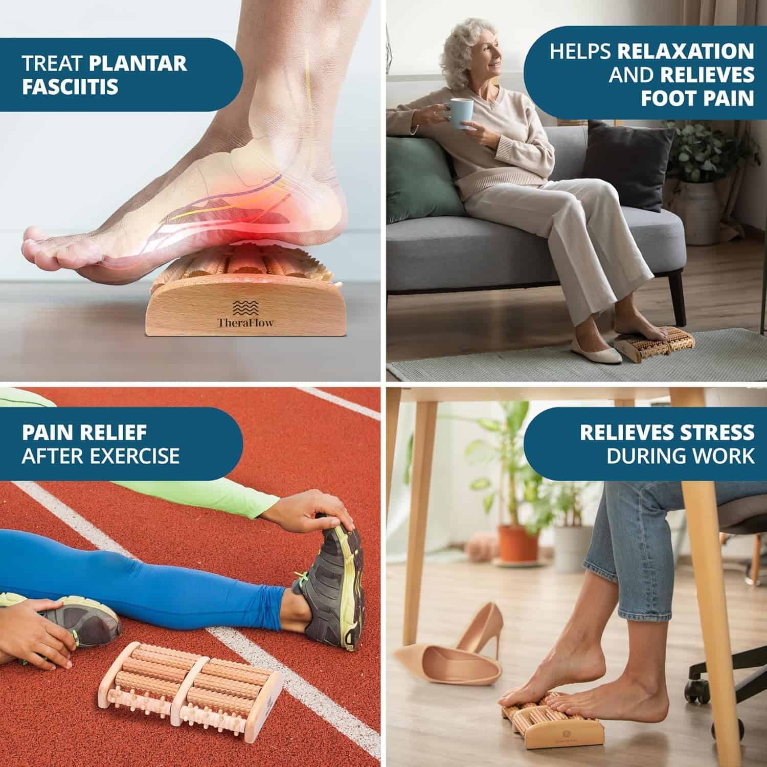 TheraFlow Wooden Foot Massager – Reflexology Roller for Plantar Fasciitis & Foot Pain Relief – Acupressure Tool for Stress & Neuropathy – Anti-Slip Design TheraFlow
