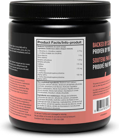 Supplement container with black lid and pink label displaying product facts on a white background