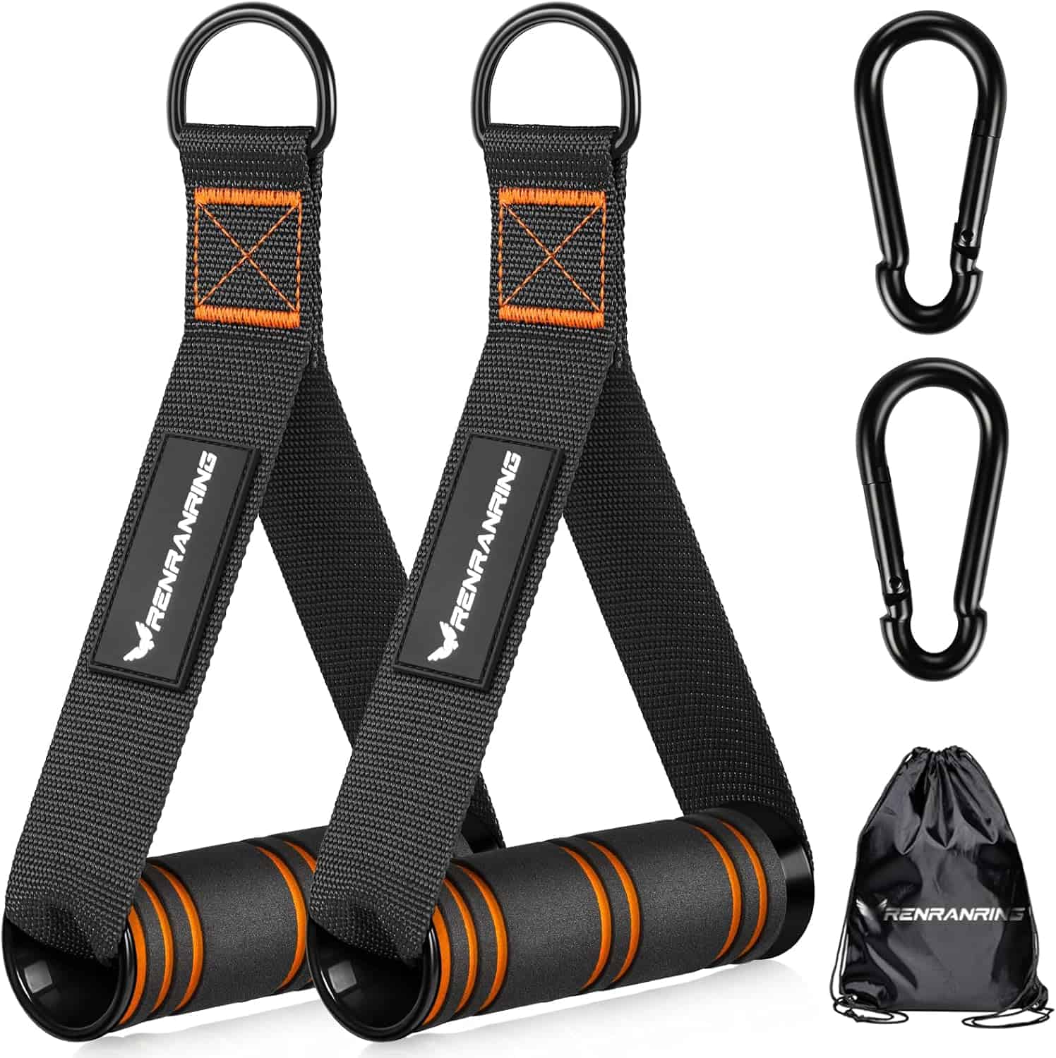 Black and orange exercise straps with carabiners and a drawstring bag on a white background
