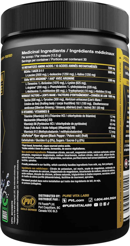 Black supplement container with yellow text on a white background