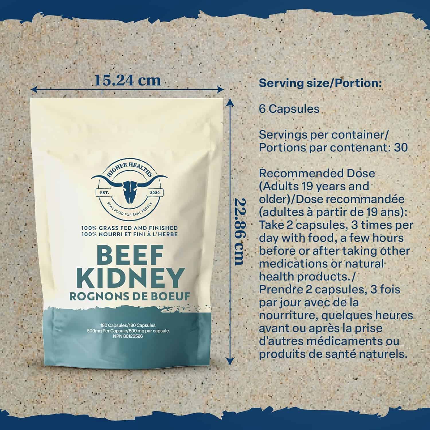 Higher Healths Grass Fed Beef Kidney Capsules – 3000mg per Serving | Freeze-Dried Organ Meat Supplement | Immune, DAO & Kidney Health Support | 180 Capsules | 100% Canadian Sourced FitCore Supply