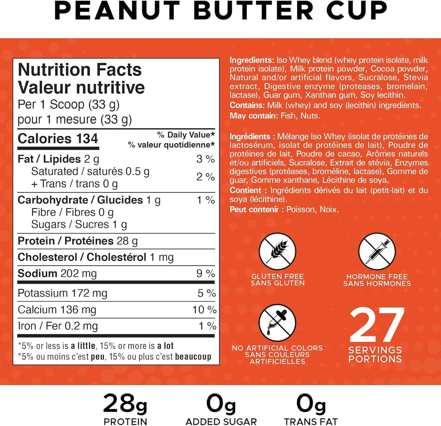 Nutrition label for a peanut butter cup with ingredients and health benefits on an orange background.