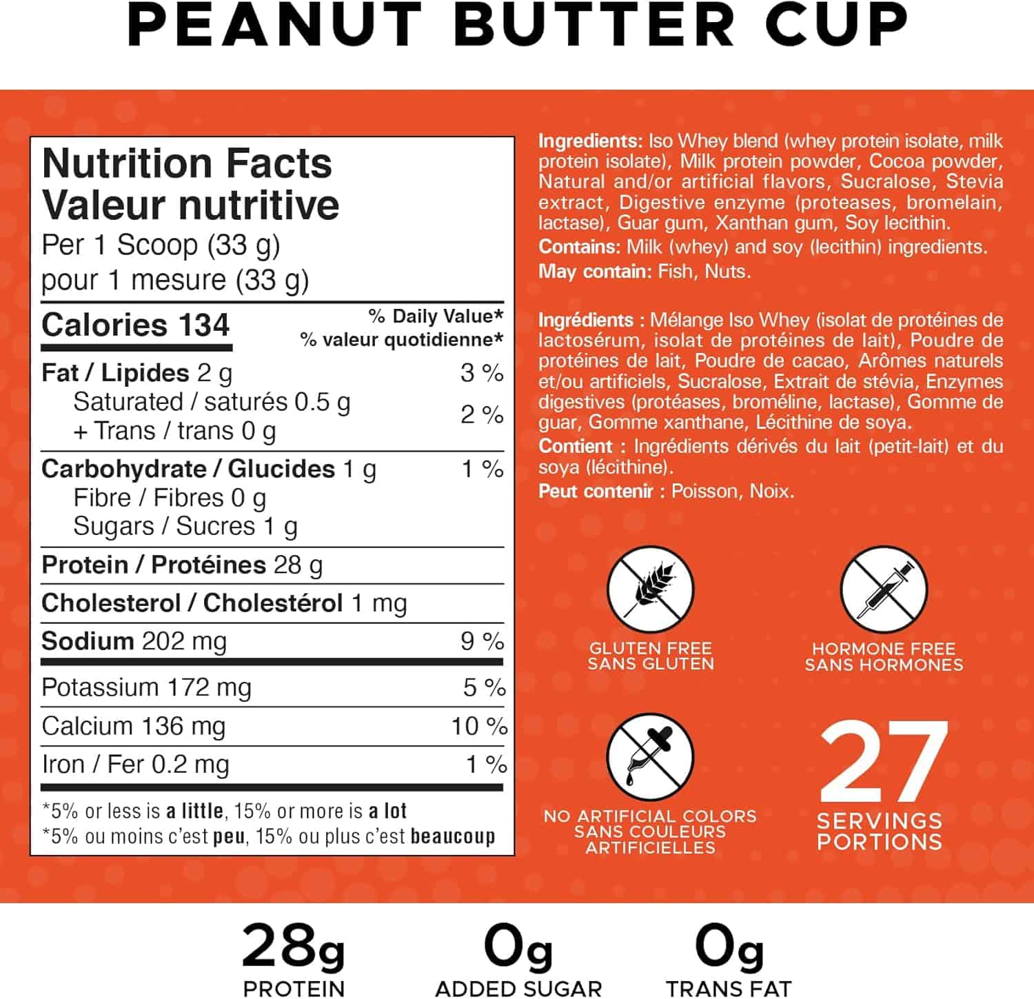 Nutrition label for a peanut butter cup with ingredients and health benefits on an orange background.