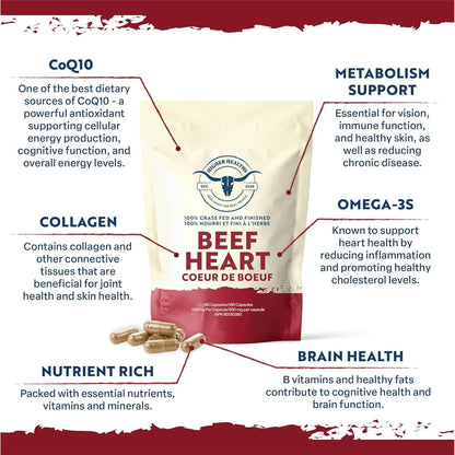 Higher Healths Grass-Fed Beef Heart Supplement – 3000mg Freeze-Dried – CoQ10-Rich Antioxidant – 180 Capsules – Made in Canada