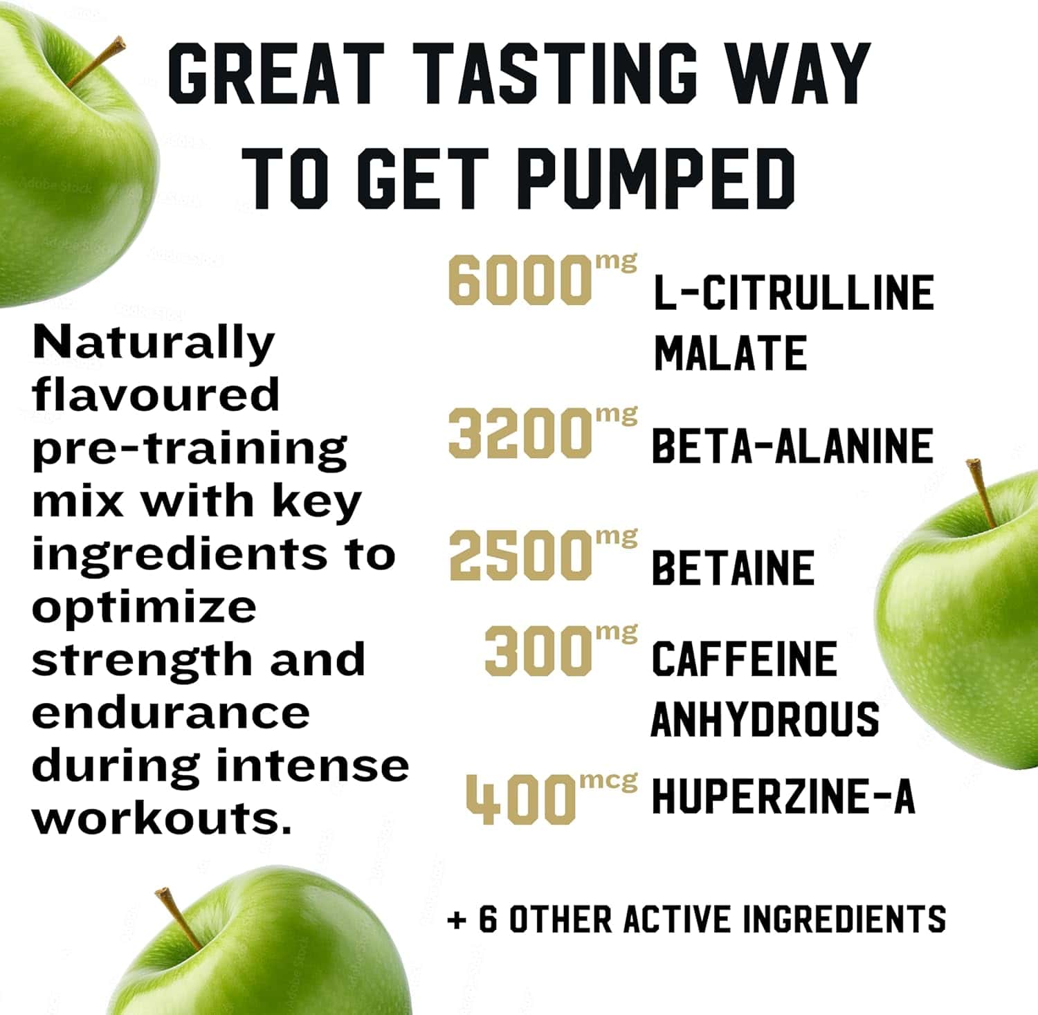 Pre-training mix advertisement with green apples and ingredient list on a white background