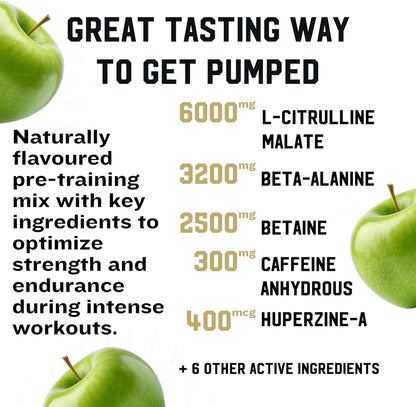 Pre-training mix advertisement with green apples and ingredient list on a white background