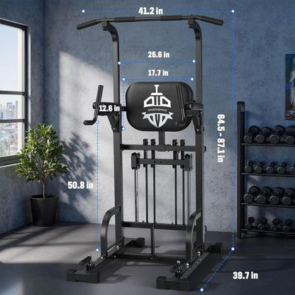 Gym pull-up bar with dimensions labeled in a home gym setting