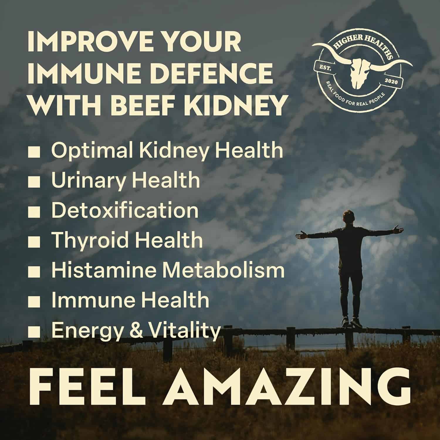 Higher Healths Grass Fed Beef Kidney Capsules – 3000mg per Serving | Freeze-Dried Organ Meat Supplement | Immune, DAO & Kidney Health Support | 180 Capsules | 100% Canadian Sourced FitCore Supply