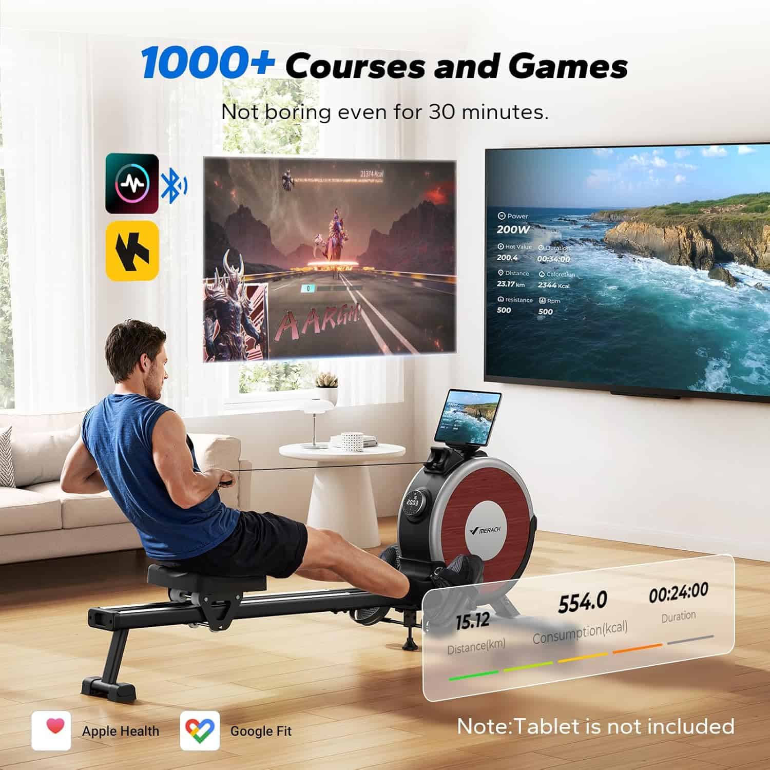 Person using a rowing machine with a tablet displaying a game and scenic view in a living room.