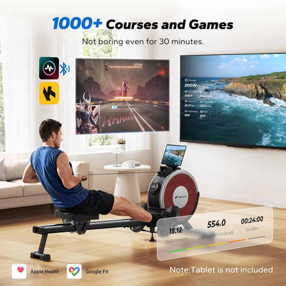Person using a rowing machine with a tablet displaying a game and scenic view in a living room.